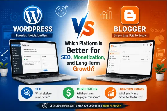 WordPress vs Blogger comparison for SEO, monetization, and blogging growth in 2026