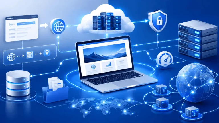 Illustration explaining how does website hosting work with cloud servers, domain, DNS, SSL certificate, and website visitors connected through the internet.