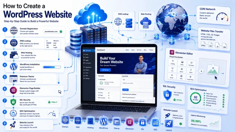 How to Create a WordPress Website in 2026 with domain registration, hosting, WordPress installation, ThemeForest themes, Elementor, SSL, and SEO setup