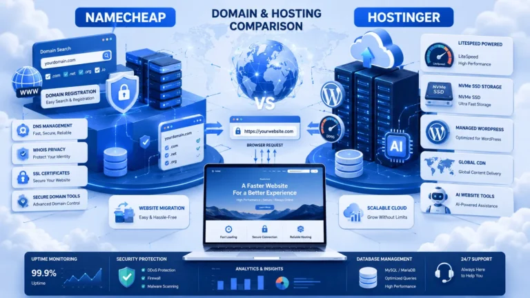 Namecheap vs Hostinger: Domain & Hosting Comparison. Namecheap vs Hostinger domain and hosting comparison showing web hosting servers, domain registration, WordPress hosting, SSL security, and cloud infrastructure