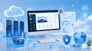 Optimized Elementor Website Hosting with cloud servers, WordPress dashboard, Elementor page builder, NVMe SSD storage, LiteSpeed technology, SSL security, and fast website performance.