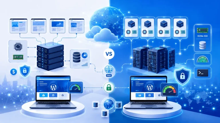 Shared Hosting vs VPS Hosting Explained comparison showing performance, security, pricing, scalability, and server architecture
