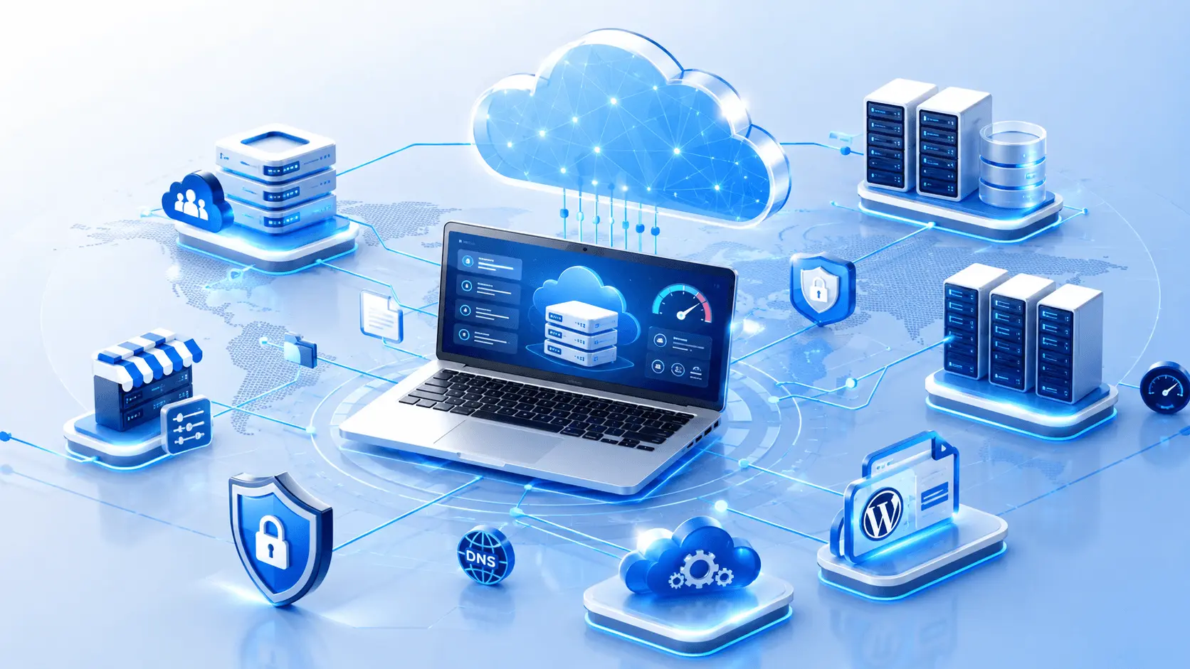 Types of web hosting comparison showing shared hosting, VPS hosting, cloud hosting, dedicated hosting, and WordPress hosting connected through modern cloud servers