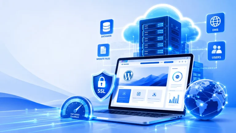 What is web hosting illustration showing cloud servers connected to a fast WordPress website with secure hosting infrastructure