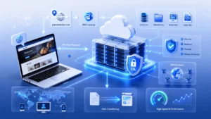 Difference between domain and hosting illustrated with a domain name, DNS lookup, cloud hosting servers, website files, SSL security, and global internet connections.