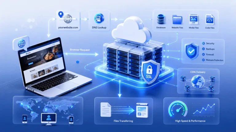 Difference between domain and hosting illustrated with a domain name, DNS lookup, cloud hosting servers, website files, SSL security, and global internet connections.