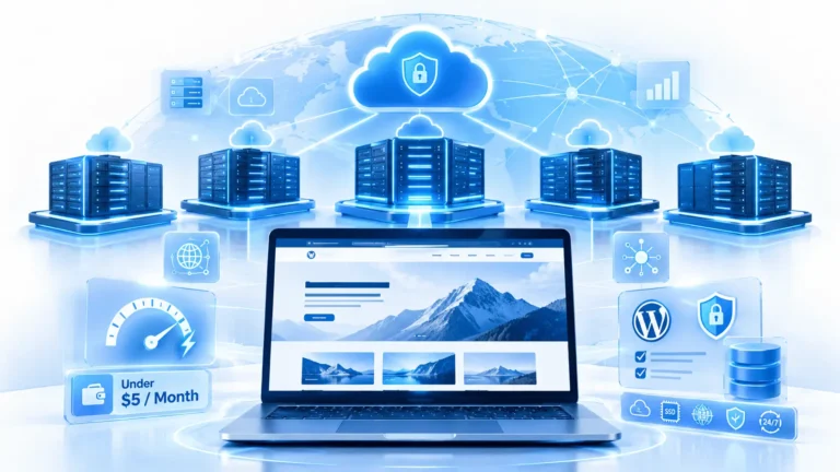 Best Cheap Hosting Under $5/Month comparison showing affordable web hosting servers, WordPress, cloud infrastructure and website performance