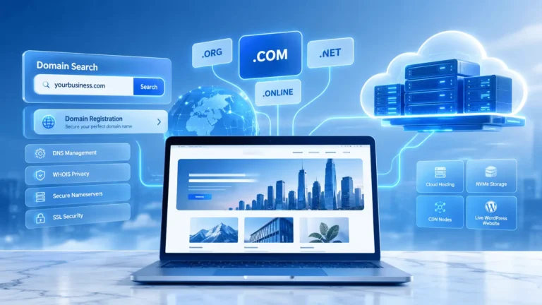 Best Domain Registrars Compared showing domain registration, DNS, hosting servers, SSL security and website infrastructure
